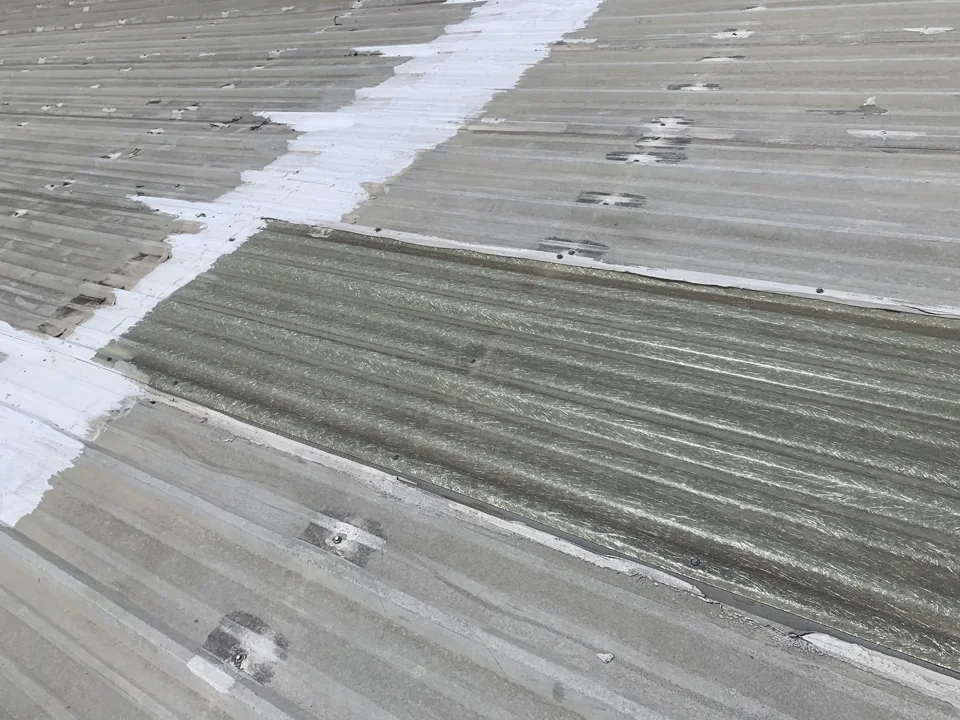 A translucent roof panel sits within the metal roof. The photograph records its edges, fasteners and surrounding sealant or coating as part of the inspection.