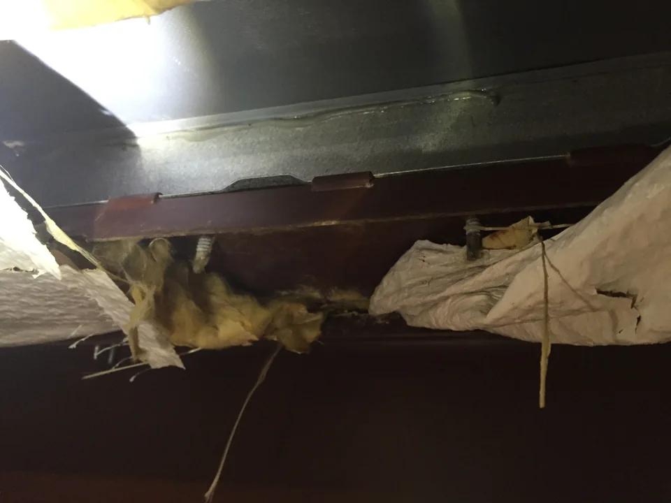 An underside view records metal framing, projecting fasteners and exposed insulation. Close-up documentation preserves details that a rooftop overview cannot show.