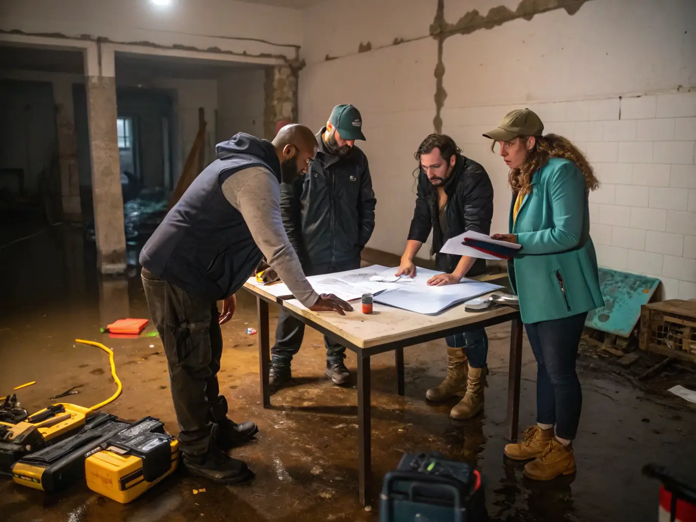 A team of adjusters and engineers inspecting a flooded property after a storm, illustrating Underpaid Claim LLC's disaster damage assistance service.