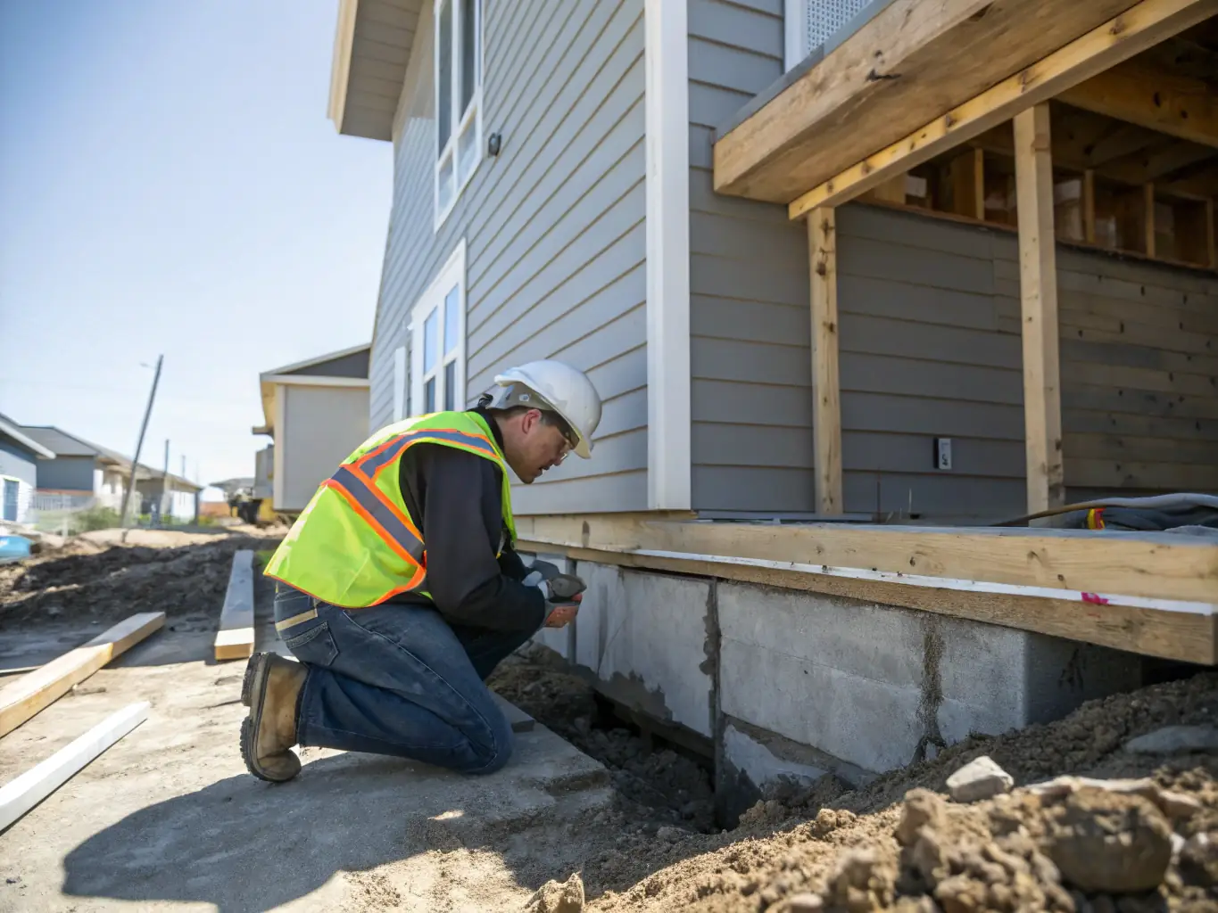 A structural engineer examining the foundation of a residential property damaged by flooding, using advanced diagnostic equipment.