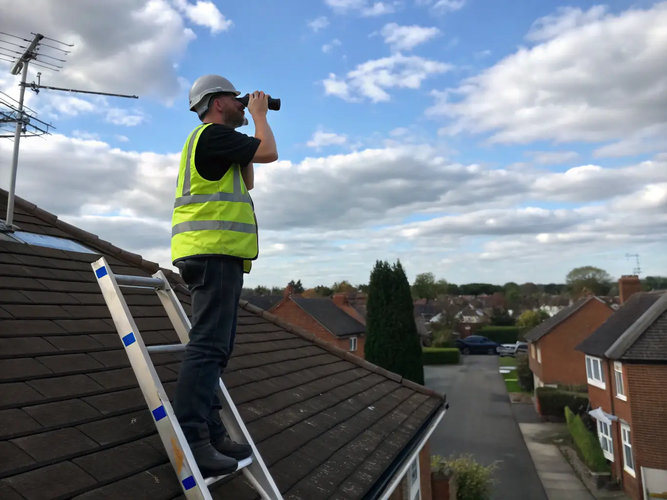 A certified insurance adjuster inspecting a commercial building's roof after a hail storm, using specialized tools to assess the damage.
