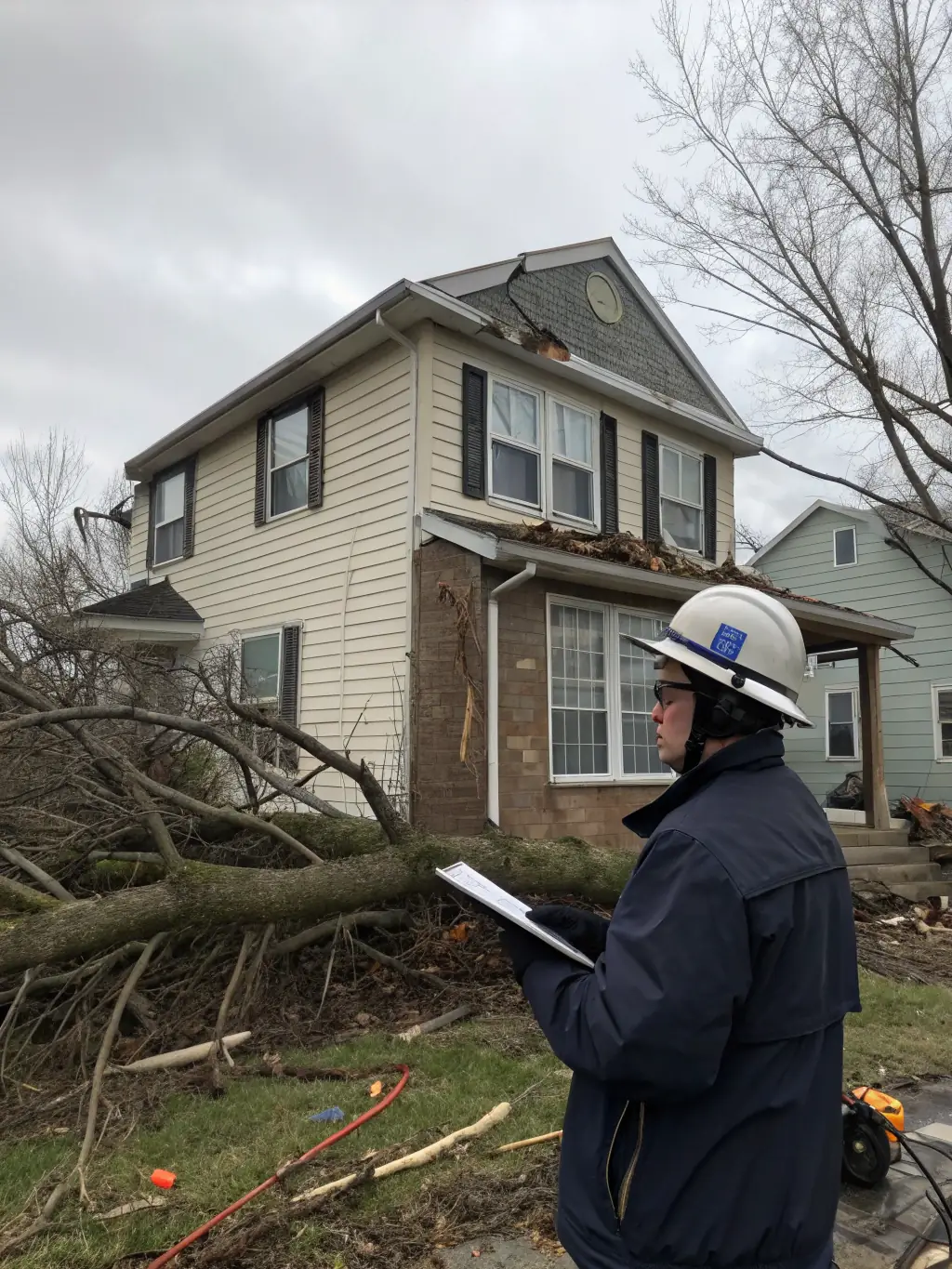 A photo showing an Underpaid Claims adjuster meticulously inspecting roof damage on a commercial property after a storm.