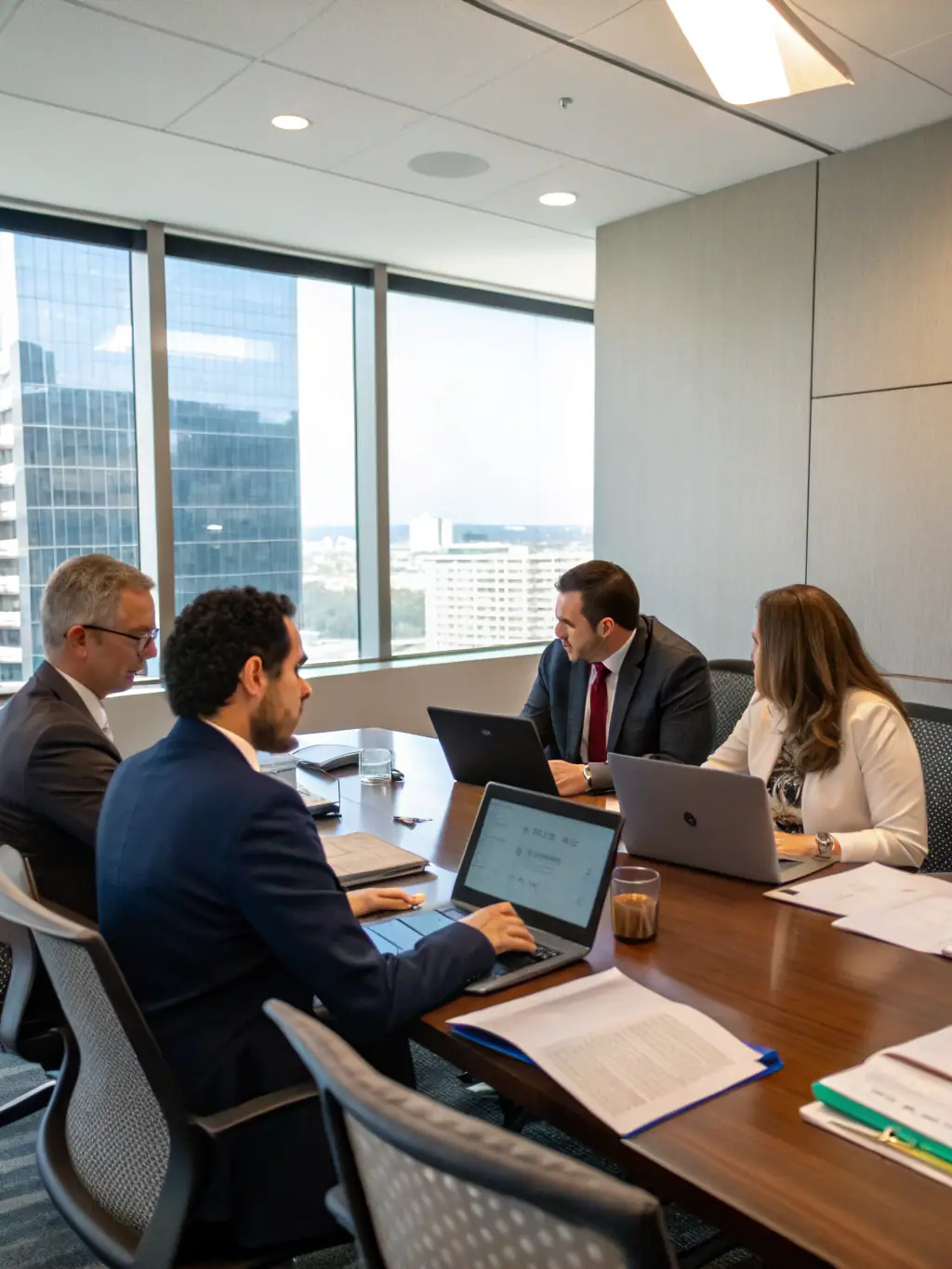 A photo of Underpaid Claims staff preparing claim documents and negotiating with an insurance company representative in a professional setting.