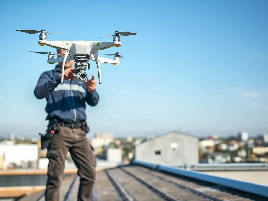 An inspector examining a damaged roof with a drone and taking detailed notes on-site, representing Underpaid Claim LLC's thorough inspection service.