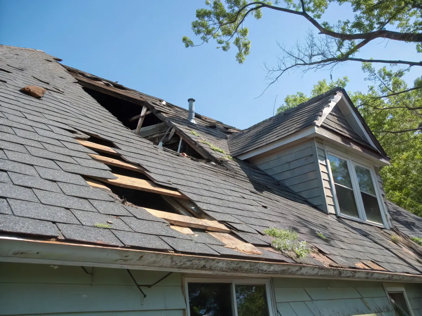 A high-resolution image depicting a damaged roof after a severe storm, showcasing missing shingles and structural damage. The image should convey the impact of storm damage on residential properties.