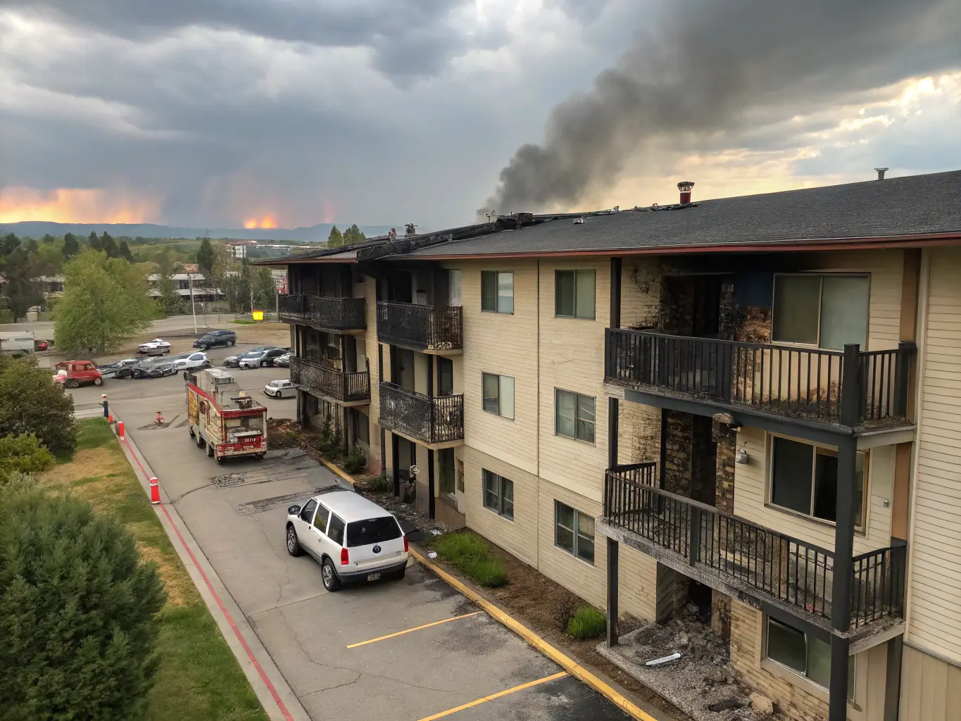 An aerial view of an apartment complex with visible damage to multiple units, including roof damage and debris scattered around the property. The image should highlight the scale of damage in multi-family properties.