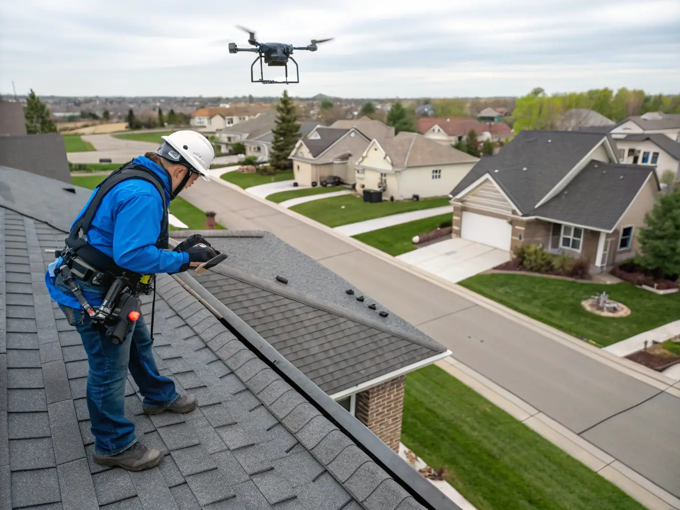 A qualified property inspector using a drone to survey a large apartment complex for storm damage, capturing high-resolution images.