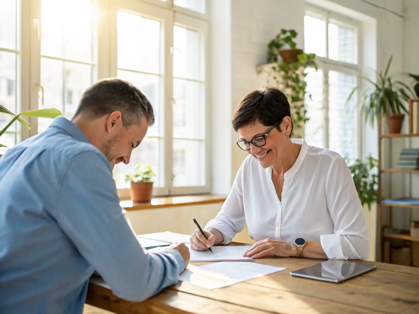 A senior adjuster reviewing claim documents with a client and discussing settlement options, showcasing Underpaid Claim LLC's claim documentation and negotiation service.