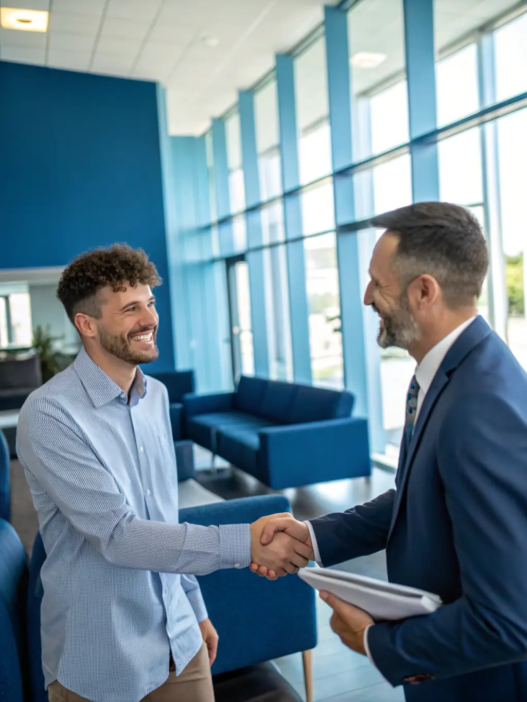 A photo depicting a friendly insurance adjuster shaking hands with a relieved homeowner in front of their repaired house, symbolizing successful claim resolution.